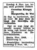 30 jaar huwelijksadvertentie  -  Cornelius Klungel en Margaretha Klungel-de Wal - nov 1949